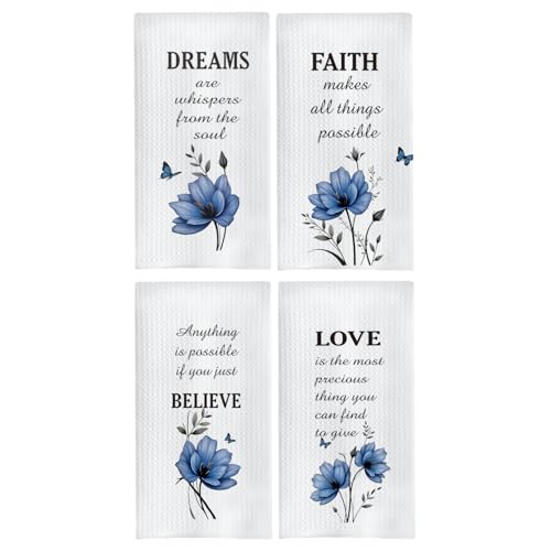 Inspirational Floral Kitchen Towels, Dreams Faith Believe Love Blue Floral Hand Towels for Bathroom, Inspirational Motivational Gifts Dish Tea Towels for Kitchen Decor, 16x24 Inch Set of 4 - color: Christian-a