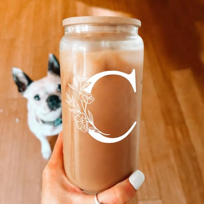 SANDJEST Monogrammed Gifts for Women - Monogram C Initial Glass Cup 16 Oz Can Coffee Cups with Lid and Straw - Monogram Initials Gifts for Womens on Birthday - color: Initial C