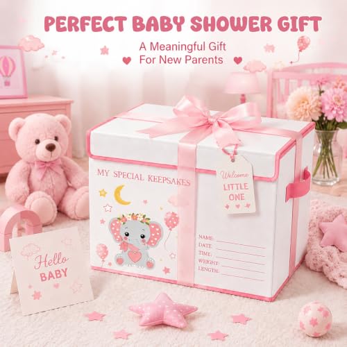 Baby Memory Keepsake Box 16x12x12 Inch Elephant Dinosaur Pattern - color: pink