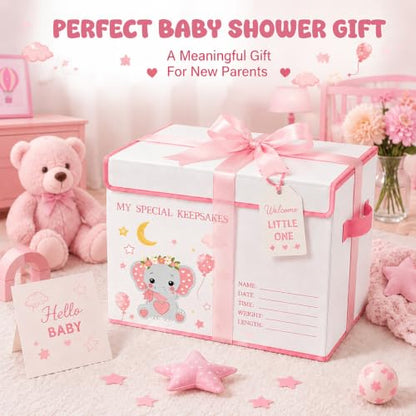 Baby Memory Keepsake Box 16x12x12 Inch Elephant Dinosaur Pattern - color: pink