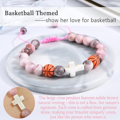 Baseball/Basketball/Soccer/Softball/Volleyball Bracelet for Girls Women- Cross Charm Beaded Bracelets, Christmas Birthday Easter Graduation Gifts for Daughter Granddaughter Niece Sister Coach - style: Basketball