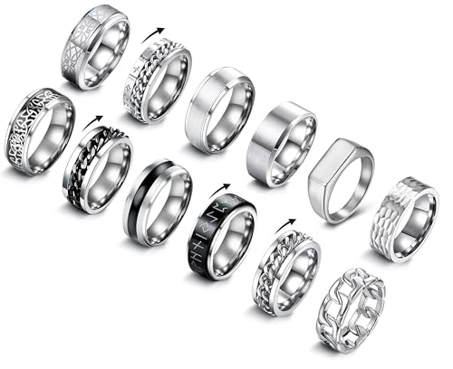 EIELO 12Pcs Mens Stainless Steel Rings Cool Silvery Black Band Ring for Men Women Spinner Chain Fidget Ring Simple Wedding Engagement Ring Set Size7-12