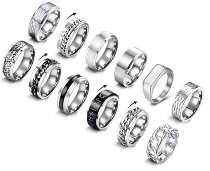EIELO 12Pcs Mens Stainless Steel Rings Cool Silvery Black Band Ring for Men Women Spinner Chain Fidget Ring Simple Wedding Engagement Ring Set Size7-12