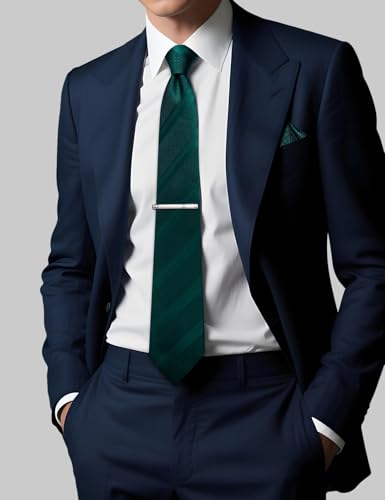 DiBanGu Mens Striped Tie Silk Woven Necktie and Pocket Square Cufflinks Tie Clip Set Wedding Business Formal Gift Tie for Men - color: Emerald Green