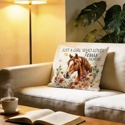 Just a Girl Who Loves Jesus and Horses Throw Pillow Cover 18 x 18