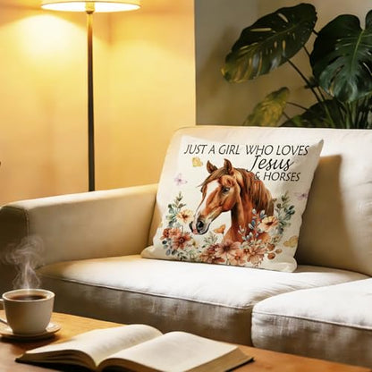 Just a Girl Who Loves Jesus and Horses Throw Pillow Cover 18 x 18