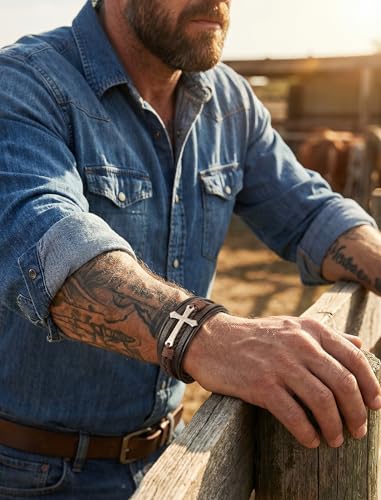 Mens Leather Cross Bracelet Multilayer Braided Wristband Bangle Bracelets with Stainless Steel Buckle Religious Gift for Men Brown/Black/Blue–8.3 inch - color: Style1, size: 8.3in(Fits most wrists)