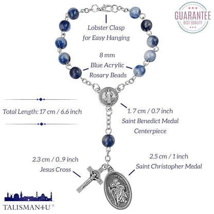 TALISMAN4U St Benedict Rosary for Car Rearview Mirror St Christopher Medal - color: Blue Acrylic Beads