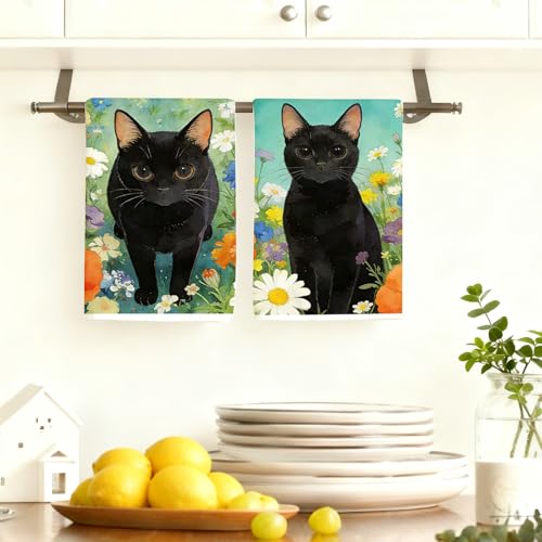 4Pcs Black Cat Kitchen Towels, 16x24 Inch Colorful Wildflower Dish Towels - color: Colorful Cat Floral-03