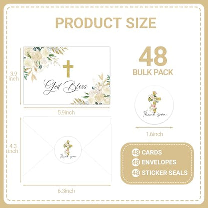 48 Pack Christian Thank You Cards Watercolor Floral Cross Baptism Thank You Cards with Envelopes & Stickers First Communion Religious Occasions VBS Thank You Cards for Church Vacation Bible School Supplies - style: 48 Pcs - Golden Christian