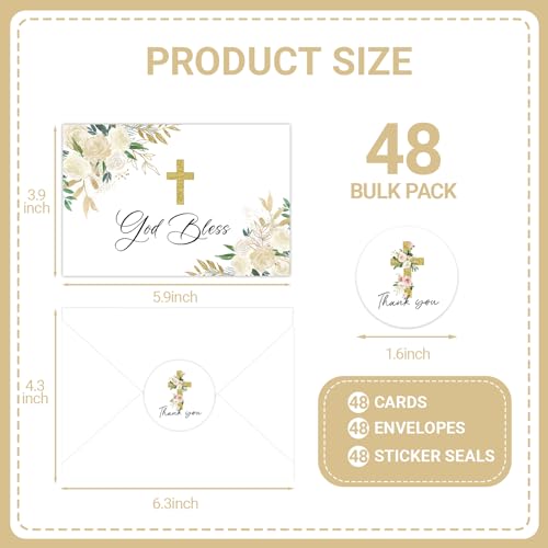 48 Pack Christian Thank You Cards Watercolor Floral Cross Baptism Thank You Cards with Envelopes & Stickers First Communion Religious Occasions VBS Thank You Cards for Church Vacation Bible School Supplies - style: 48 Pcs - Golden Christian