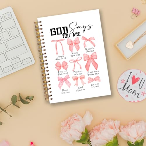God Says You Are Christian Spiral Notebooks, Coquette Pink Bow Bible Journal, Scripture Journals for Writing, Girly Office Supplies, Religious Notebook for Note Taking, 5.5x8.3 Inch - color: white Bible Notebook-14