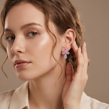 Sterling Silver Dainty Cross Earrings For Women, Christian Religious Faith Cubic Zirconia Stud Earrings - color: ruby