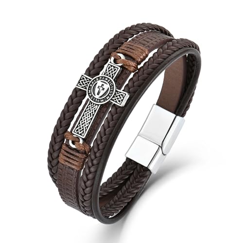 Men's Leather Cross Bracelet Vintage Celtic Knot Shield - color: Brown