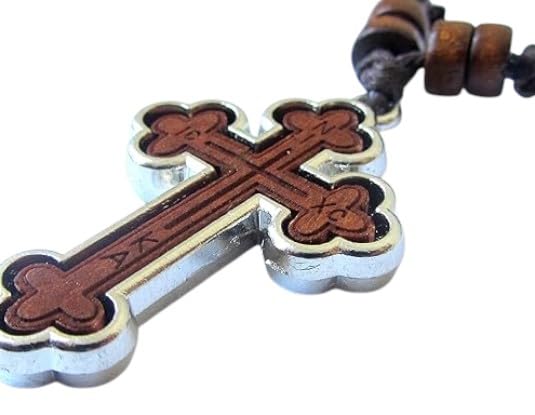 Iconsgr Greek Wood-Metal Cross Pendant Necklace Two-Sided From Mt. Athos / 52