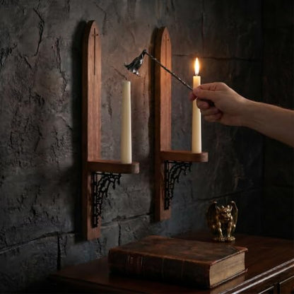 Gothic Wall Sconces, Wooden Wall Candle Holders, Brown, Set of 2