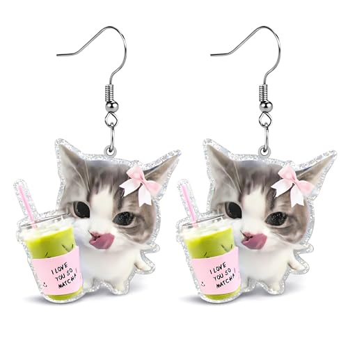 Christian Statement Earrings for Women, Acrylic Dangle Earrings, Lightweight Comfortable, Non Tarnish Hooks, Faith Jewelry, Religious Gift for Women - color: Cute Cat Matcha