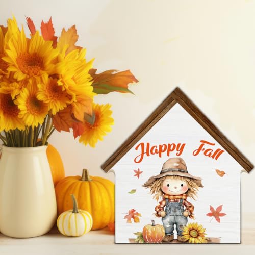 Scarecrows Fall Decor, Pumpkin Scarecrow Happy Fall House Shaped Wood Sign - color: Happy