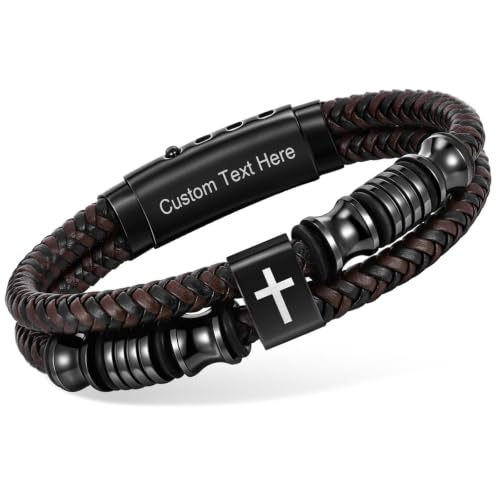 Christian Brown Leather Bracelet for Men - Double-Row Braided Leather Faith Cross Bracelets Bangle Religious Baptism Inspirational Bible Verse Jewelry Gift for Young Men Teenage, Adjustable Wristband - color: Custom Text Here