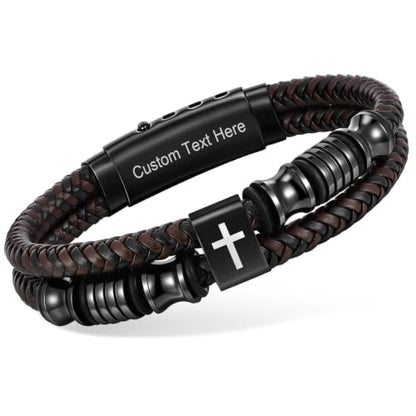 Christian Brown Leather Bracelet for Men - Double-Row Braided Leather Faith Cross Bracelets Bangle Religious Baptism Inspirational Bible Verse Jewelry Gift for Young Men Teenage, Adjustable Wristband - color: Custom Text Here