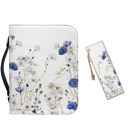 Leather Bible Cover Case Bible Case for Girls and Women Bible Bags with Leather Bookmark (Set of 1),Blue Flowers and White Fowers,Medium - color: Blue Flowers and White Fowers, size: Medium