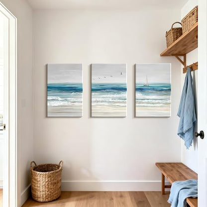 WENGTIAO 3Pcs Abstract Blue Beach Ocean Canvas Wall Art Paintings 16"x24" - color: Abstract Blue Ocean, size: 16"x24"x3Pcs