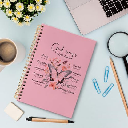 huester Inspirational Christian Butterfly Notebook Journal, God Says You Are Bible Scripture Pink Journal Notebooks for Note Taking, Bible Journaling Hardcover Paper Spiral Notebook, 5.5x8.3 Inch - color: pink