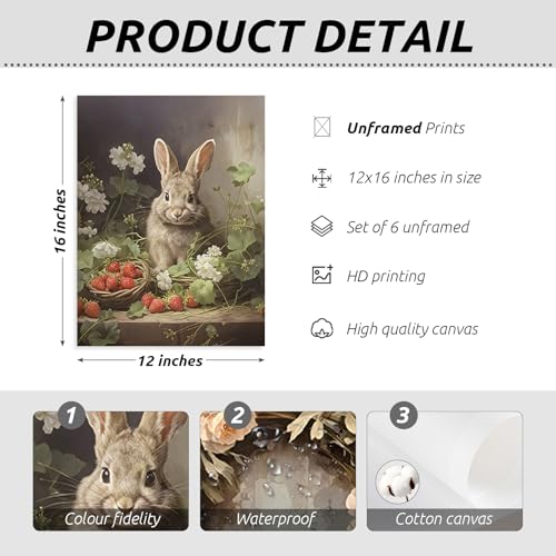 Easter Bunny Wall Art Decor Retro Rabbit Canvas Prints Easter Egg Wall Decor Vintage Bunny Painting Farmhouse Pictures Spring Flower Poster for Living Room Bedroom 12x16 Inch Unframed Set of 6 - color: Easter Prints, size: 12''x16'' Unframed
