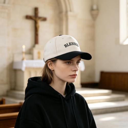 Embroidered Christian Two-Tone Baseball Cap for Men & Women, Adjustable Dad Hat Christmas Easter Gift - color: Blessed, Black/Beige