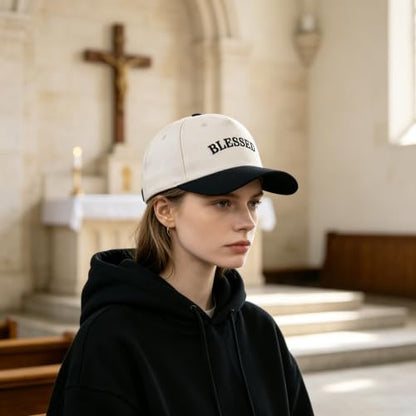 Embroidered Christian Two-Tone Baseball Cap for Men & Women, Adjustable Dad Hat Christmas Easter Gift - color: Blessed, Black/Beige