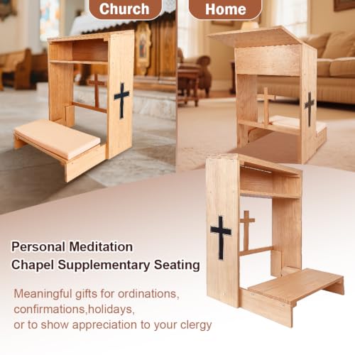 Wooden Prayer Kneeler with Storage Shelf & Cushion - Folding Prayer Bench for Home and Church, Comfortable Kneeling Devotional Pew Bench, 32" H x 22" W