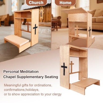 Wooden Prayer Kneeler with Storage Shelf & Cushion - Folding Prayer Bench for Home and Church, Comfortable Kneeling Devotional Pew Bench, 32" H x 22" W