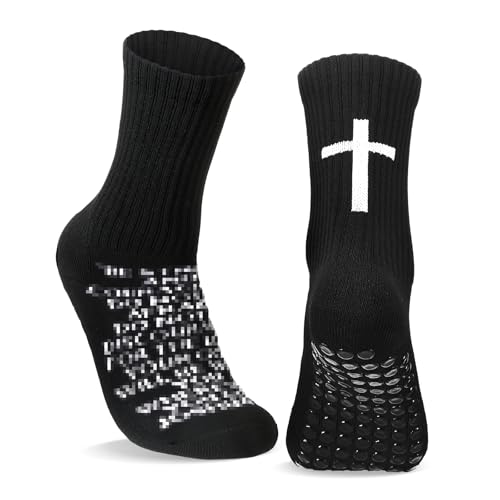 Glitopper Cross Grip Soccer Socks Anti Slip Christian Socks with Bible Verse Religious Grip Sports - color: Black, style: Joshua 1:9