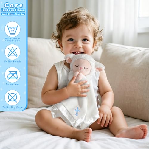 Lamb Baptism Blanket, Lamb Loveys Baptism Gifts for Baby Boys - color: White Lamb Blue Cross