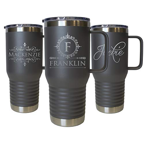 The Wedding Party Store Custom Personalized 20 oz Stainless Steel Powder Coated Vacuum Insulated Double Walled Travel Tumbler Coffee Mug with Handle and Lid (Grey) - color: Gray