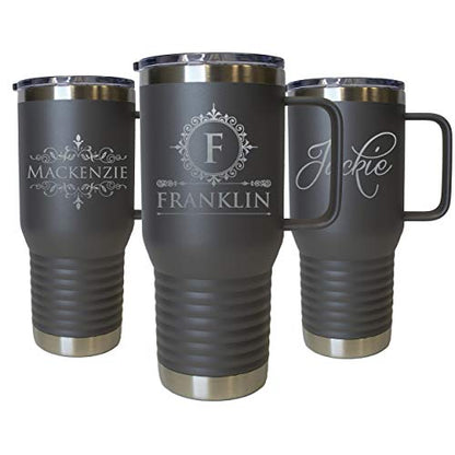 The Wedding Party Store Custom Personalized 20 oz Stainless Steel Powder Coated Vacuum Insulated Double Walled Travel Tumbler Coffee Mug with Handle and Lid (Grey) - color: Gray