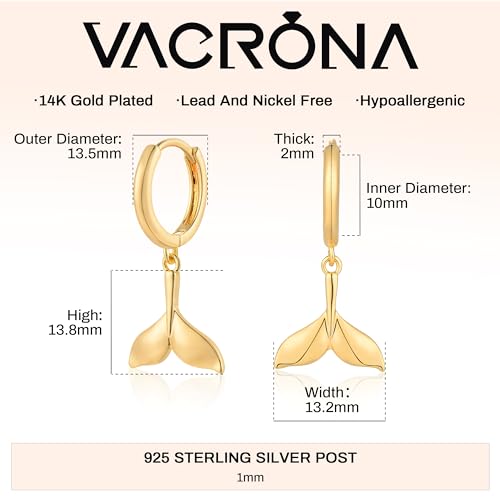 VACRONA Gold Heart Hoop Earrings Huggie Earrings for Women 14k Gold Plated Small Hoops Earrings - color: Fish-Tail-Gold