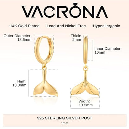 VACRONA Gold Heart Hoop Earrings Huggie Earrings for Women 14k Gold Plated Small Hoops Earrings - color: Fish-Tail-Gold