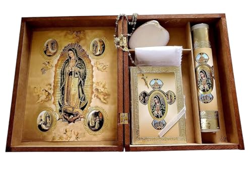 Vela para Bautizo con Caja de Madera con 12 Organzas de Recuerdos con Rosarios En Espanol