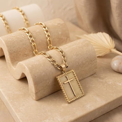 Cross Necklace for Women Girls, 14K Gold Plated Dainty Pendant Necklaces Set, Cute Trendy Faith Christian Religious Everyday Jewelry Gifts Aesthetic Accessories Non Tarnish - color: Classic Figaro