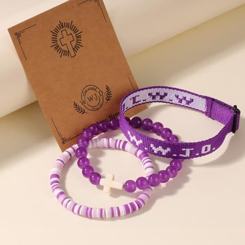 WWJD Bracelets Set WWJD Wristbands Christian Cross Bracelet Stackable Clay Bead Bracelets Stretch Glass Beaded Inspirational Christian Jewelry Gift for Couples Women Men - color: 3PCS Purple