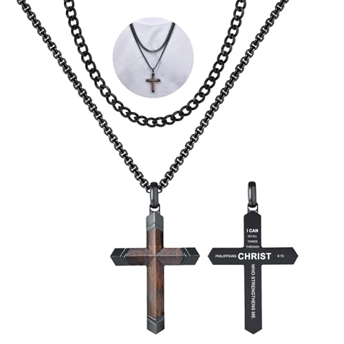 FLHEART Wooden Cross Bible Verse Necklace for Men, Hawaiian Handmade Real Black Ebony Wood Cross Pendant Stainless Steel Chain, Mens Cross Necklaces Koa Wood Jewelry Christian Baptism Easter Gifts - style: Philippians 4:13 - 2pcs