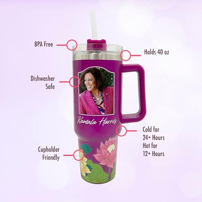 40oz Kamala Harris Tumbler with Floral Design – Stainless Steel Insulated Drinkware for Women, Portrait of Kamala Harris, Handle, Straw, and Twist-On Lid – Leak-Proof Inspirational Gift - color: Kamala Harris