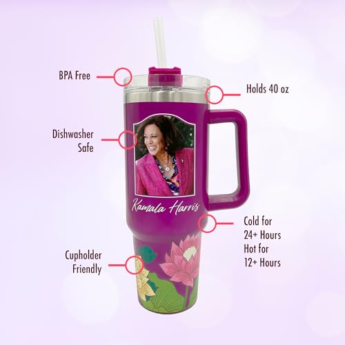 40oz Kamala Harris Tumbler with Floral Design – Stainless Steel Insulated Drinkware for Women, Portrait of Kamala Harris, Handle, Straw, and Twist-On Lid – Leak-Proof Inspirational Gift - color: Kamala Harris