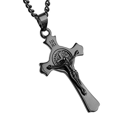 HZMAN Stainless Steel St. Benedict Crucifix Cross Necklace for Men - color: Standard Black
