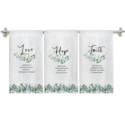 Faith Hope Love Christian Kitchen Towels, Sage Green Eucalyptus Religious Hand Towels for Bathroom Decor, Bible Verse Decor Dish Tea Towels for Kitchen Decor, 16x24 Inch Set of 3 - color: Sage Green