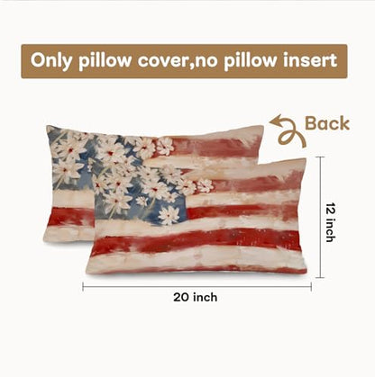 American Flag Floral Patriotic Pillow Covers 12x20 Inch - color: White-flower