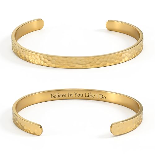 Inspirational Bible Verse Cuff Bracelet for Women, 18K Gold Plated Hammered Bangle, Christian Faith Jewelry Gift, Adjustable Non Tarnish - color: Believe in you like i do-Hammered Gold