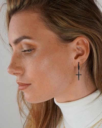 14K Gold Earring Cross Waterdrop Butterfly Heart Knot Earrings for Women Gold Silver Cross Leverback Drop Gold Silver Teardrop Hoop Dangle Earring White Gold Dangle Drop Earring - color: Black-CZ Cross Leverback Earring