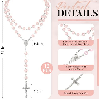 ROCEEI 12/24 Set Catholic Rosary Beads Necklace Bulk - color: Pink